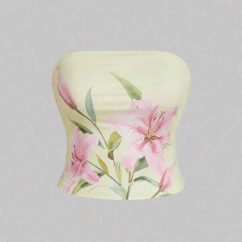 Light Yellow Tube Top with Pink Lily Design